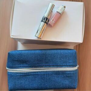 Dior Beauty Denim Cosmetic Pouch with Lip Gloss and mascara